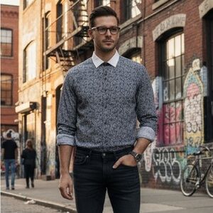 🖤🤍 Au Noir Black and White Patterned Button Down Dress Shirt Size 4 Medium